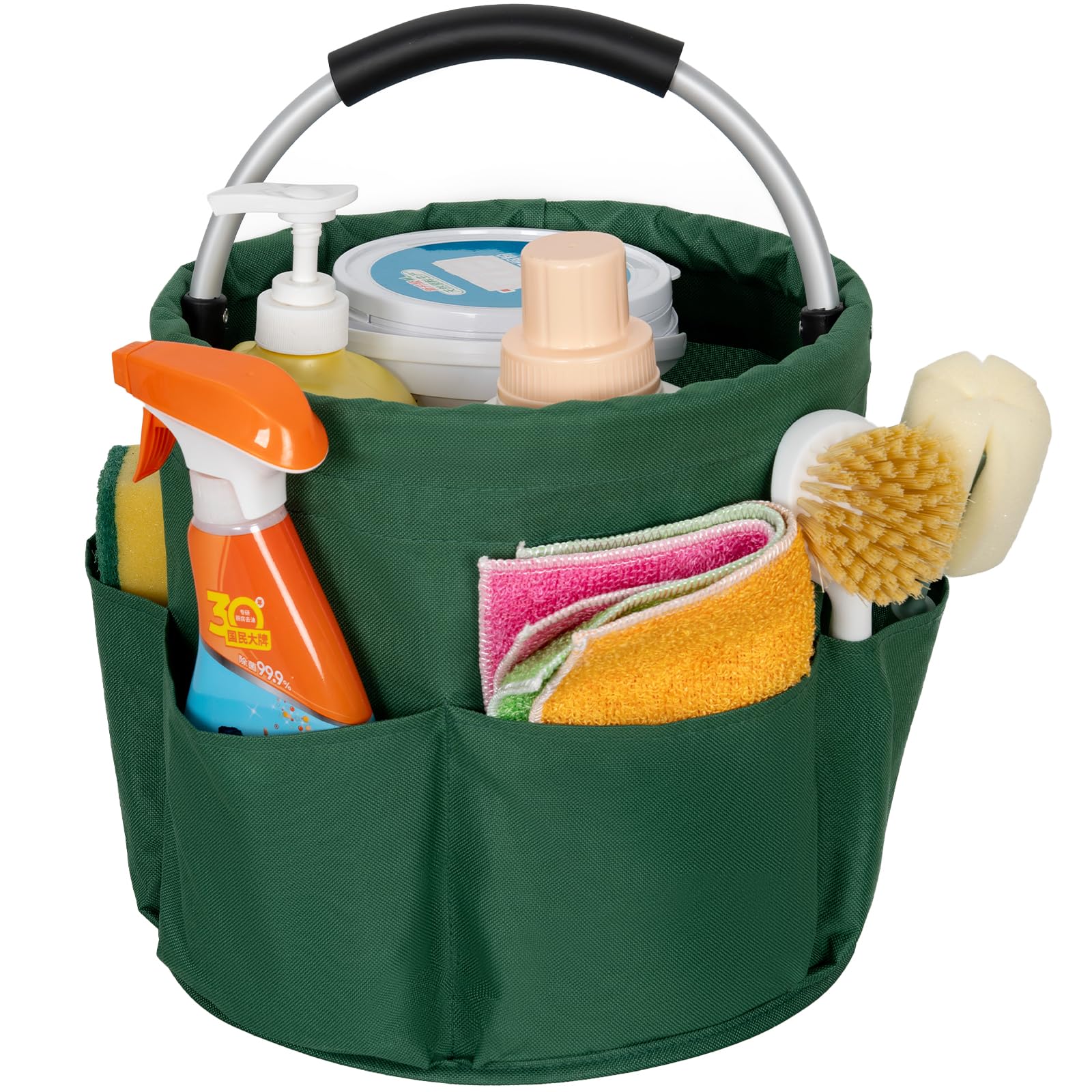 IPEB Cleaning Caddy Organizer with Handle Foldable Cleaning Bucket Organizer Cleaning Caddy Bag Cleaning Tool Bucket Multi-pocket Tool Bag for Cleaners & Housekeepers,Green