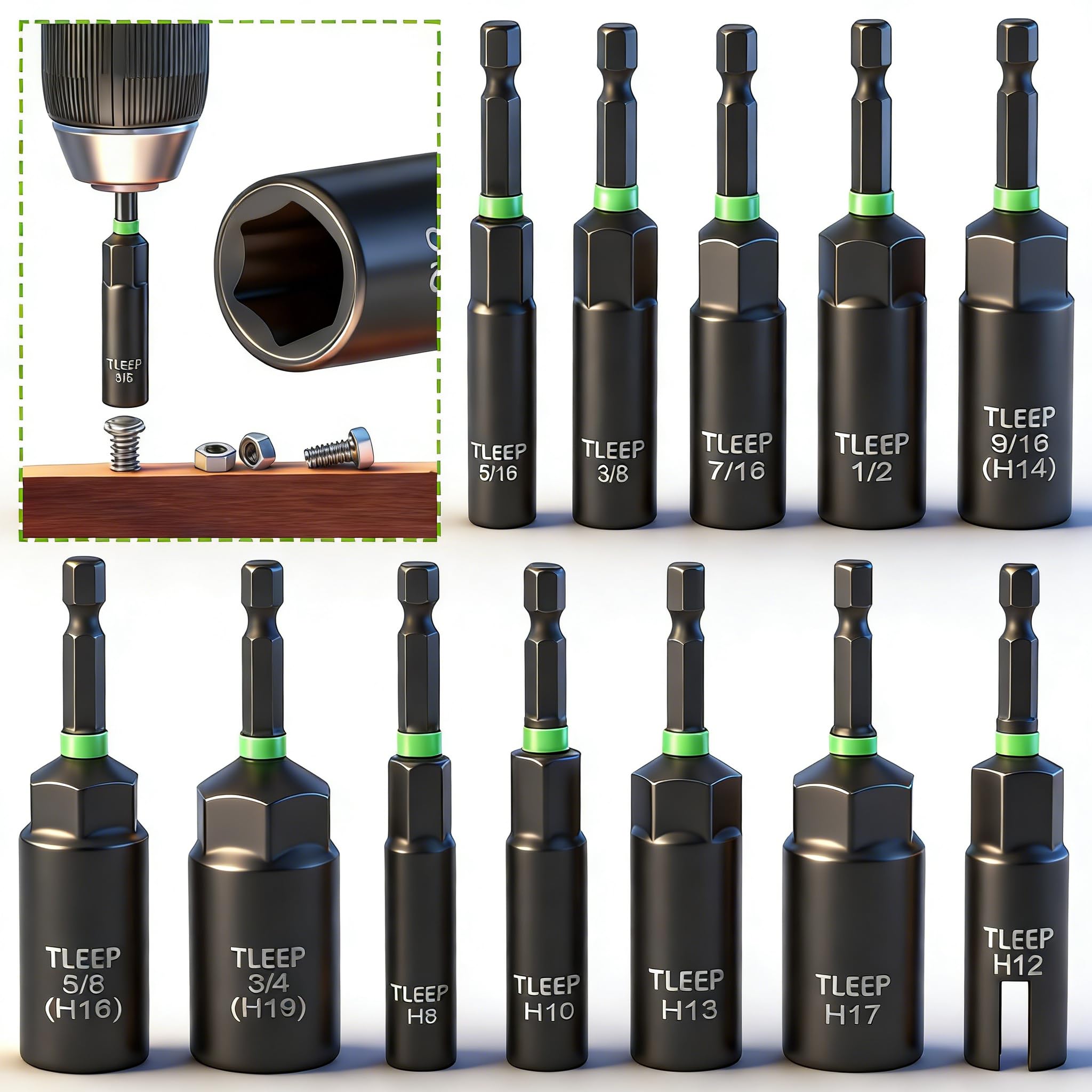 Magnetic Hexagon Socket, 12Pcs Deeper Sockets, 8-19mm Nut Setter Driver Drill Bit Set Wing Nut Driver, Quick Change Metric Nut Drivers Hex Drill Bits wiht Storage Case 5/16” 3/8” 7/16” 1/2”