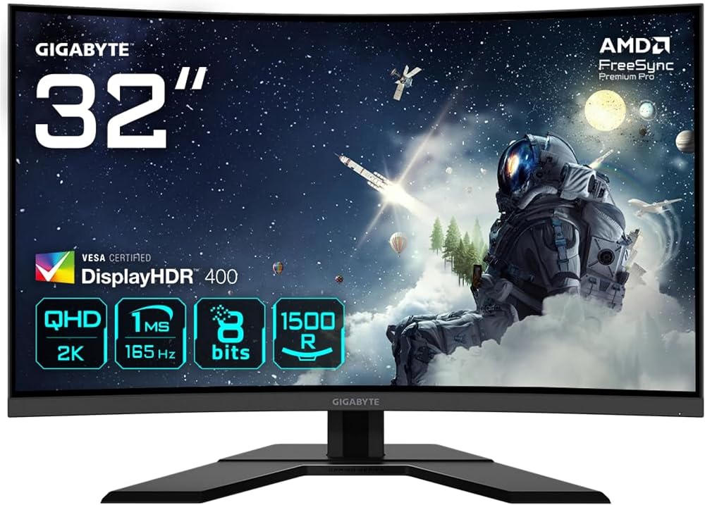 Gigabyte G32QC A 31.5" QHD 165Hz Curved VA Gaming Monitor FreeSync HDR400