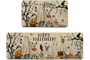 Artoid Mode Ghost Pumpkins Tree Dog Boo Halloween Kitchen Mats Set of 2, Black Home Decor Low-Profile Kitchen Rugs for Floor - 17x29 and 17x47 Inch