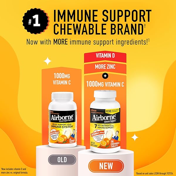 AIRBORNE VITAMIN C 1000MG (PER SERVING) – CITRUS CHEWABLE TABLETS (116 COUNT IN A BOTTLE), GLUTEN-FREE IMMUNE SUPPORT SUPPLEMENT, WITH VITAMINS A C E, ZINC, SELENIUM, ECHINACEA, GINGER, ANTIOXIDANTS