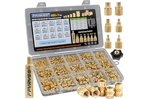 FFVRVSS 600+7Pcs M2 M2.5 M3 M4 M5 M6 Premium Brass Threaded Inserts, Metric Brass Knurled Nuts Assortment Kit, with Heat Set Insert Tool, for Plastic and 3D Printing Components, All-in-one Solutions