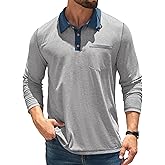 Hardaddy Men's Long Sleeve Casual Polo Shirts Collared Contrast Color Lightweight Golf Shirt with Pocket