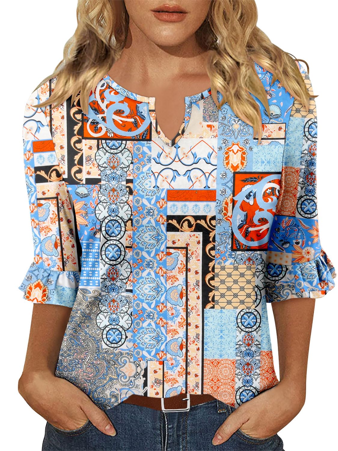 KISSMODA Ladies Tops and Blouses 3/4 Sleeve Summer Loose Crew Neck T ...