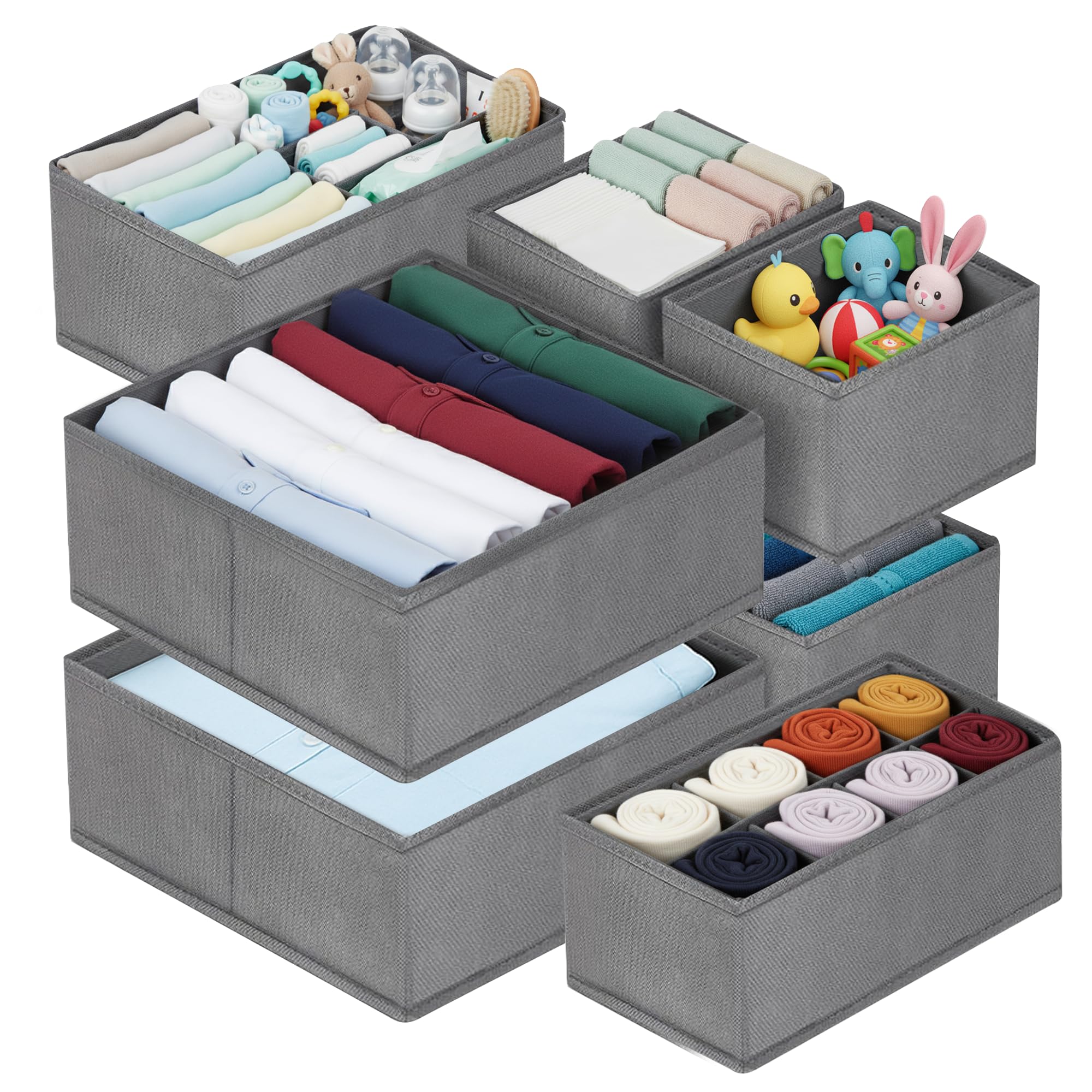 Niftii Rigid Clothes Organiser 7-Pack – Foldable Drawer Organisers with Removable Panels, Fabric Drawer Dividers for Clothes, Underwear, Socks & Baby Items – Wardrobe & Closet Storage Boxes