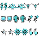 BVGA 9 Pairs Western Turquoise Stud Earrings Vintage Silver Turquoise Cowgirl Boots Lightning Cross Flower Stud Earrings Boho Gemstone Small Geometric Square Star Studs Turquoise Jewelry for Women Girls
