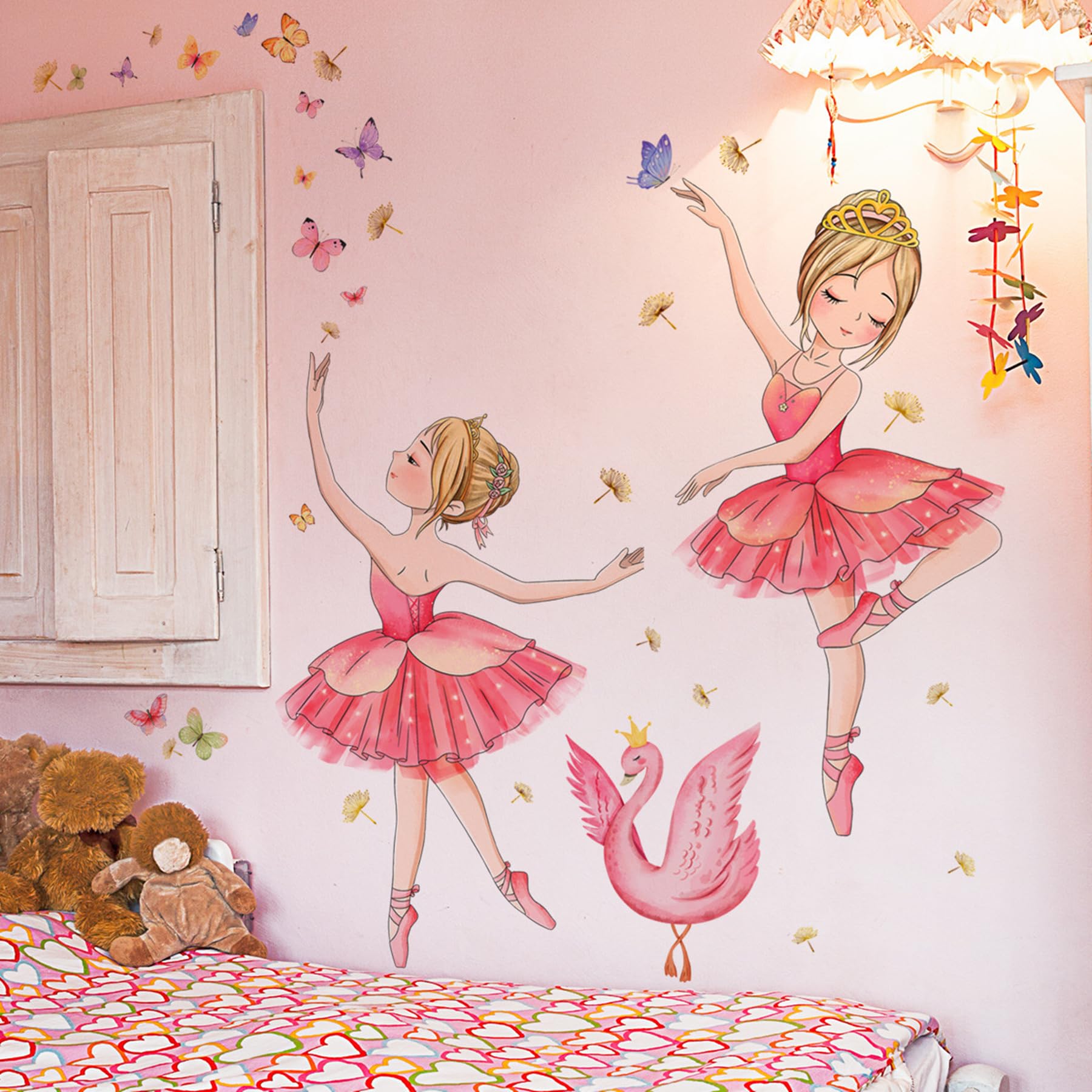 Girl Wall Stickers, Pink Dancing Girl Home Decor Wall Decals with Swan Butterfly, Wall Stickers for Girls Bedrooms Living Room Study Room Dance Classroom Wall Decor