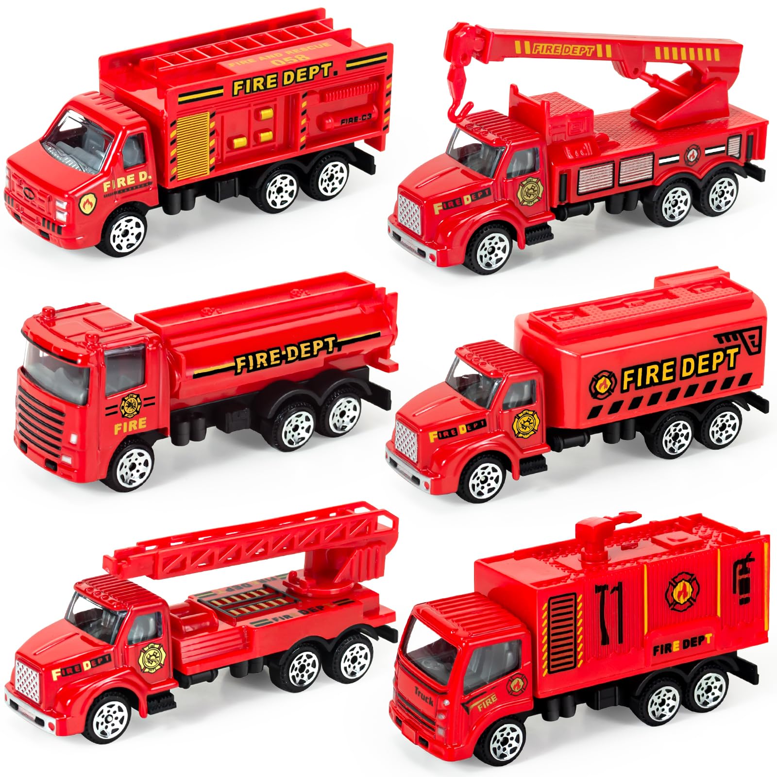Photo 1 of BLOOLILIES 6 Pack Diecast Fire Trucks, Mini Fire Truck Toy for Toddlers 3-5, Kids Fire Engine Emergency Vehicles Set for Boys Girls Age 3 4 5 6 7 Years Old Birthday Party Favors & Goodie Bags Stuffers