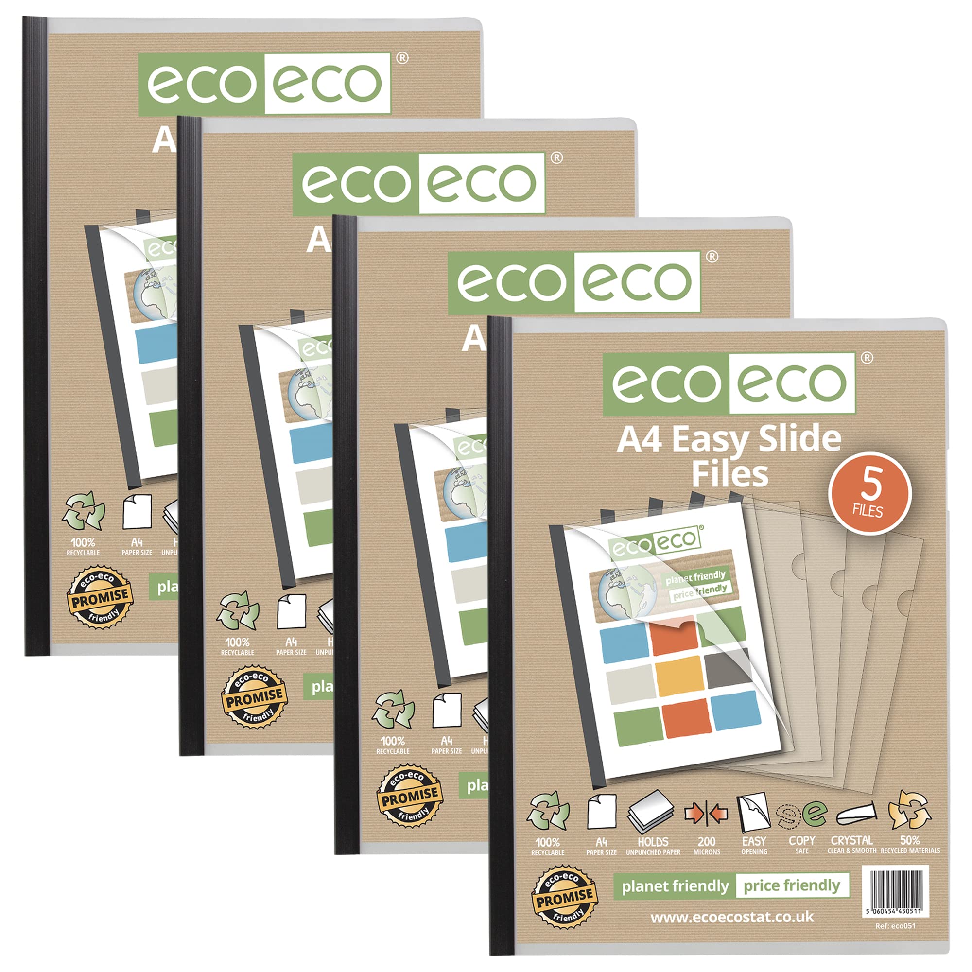 eco-eco A4 50% Recycled Bag 20 Easy Slide Files, Clip bar Project Report Files, eco051x4 Black