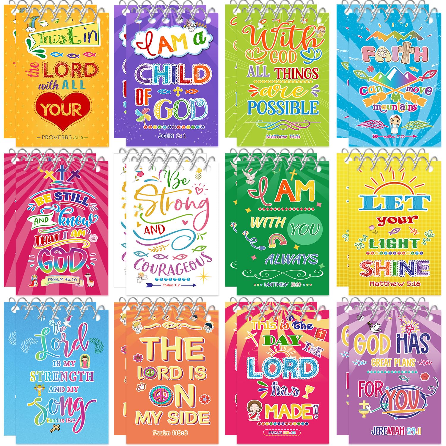 YYMYMGJ Religious Bible Verse Notepads,Jesus Love You Christian Mini Notebooks Motivational Multicolor Style Pocket Small Note Pads for Kids Adult Sunday School Supplies, 12 Styles (24 Pack)