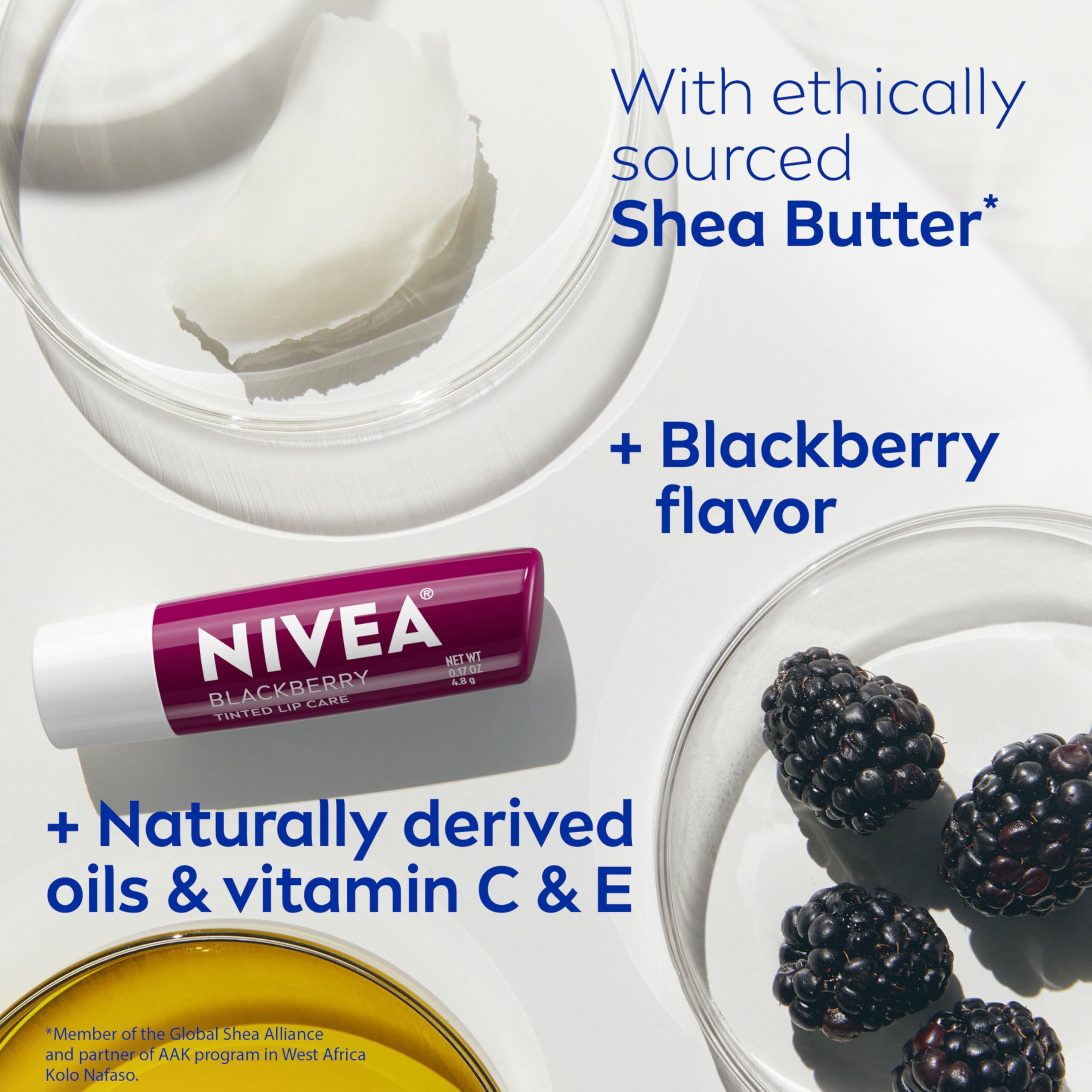 NIVEA Blackberry Lip Care, Tinted Lip Balm with Shea Butter, Nourishing Oils and Vitamin C & E, 3-in-1 Moisture, Repair (for Dry Lips) and Color, 0.17 Oz Stick