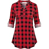 Nandashe Womens 3/4 Roll Sleeve Shirt V Neck Button Down Blouse Loose Tunic Tops