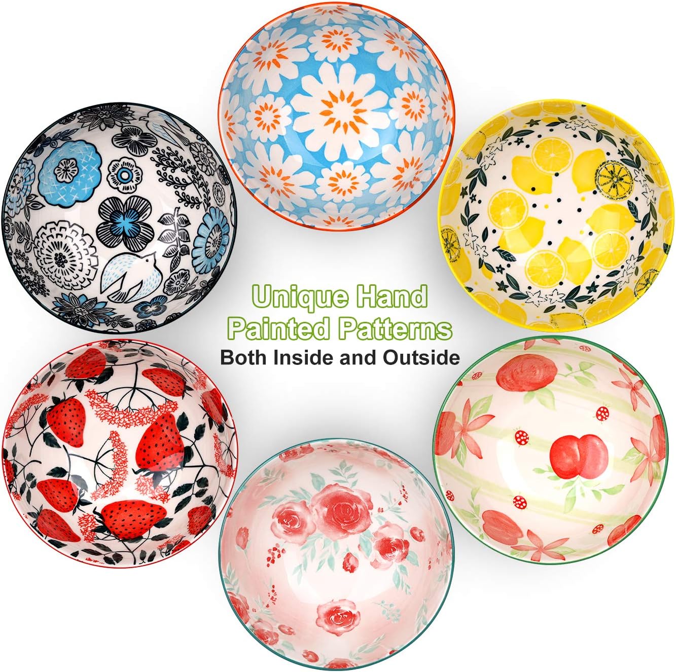 DeeCoo Porcelain Bowls Set (18-Ounce, 6-Piece) - Bowls for Cereal, Soup, Salad, Pasta, Fruit, Ice Cream Bowls Service - Microwave and Dishwasher Safe, Assorted Designs: Kitchen & Dining