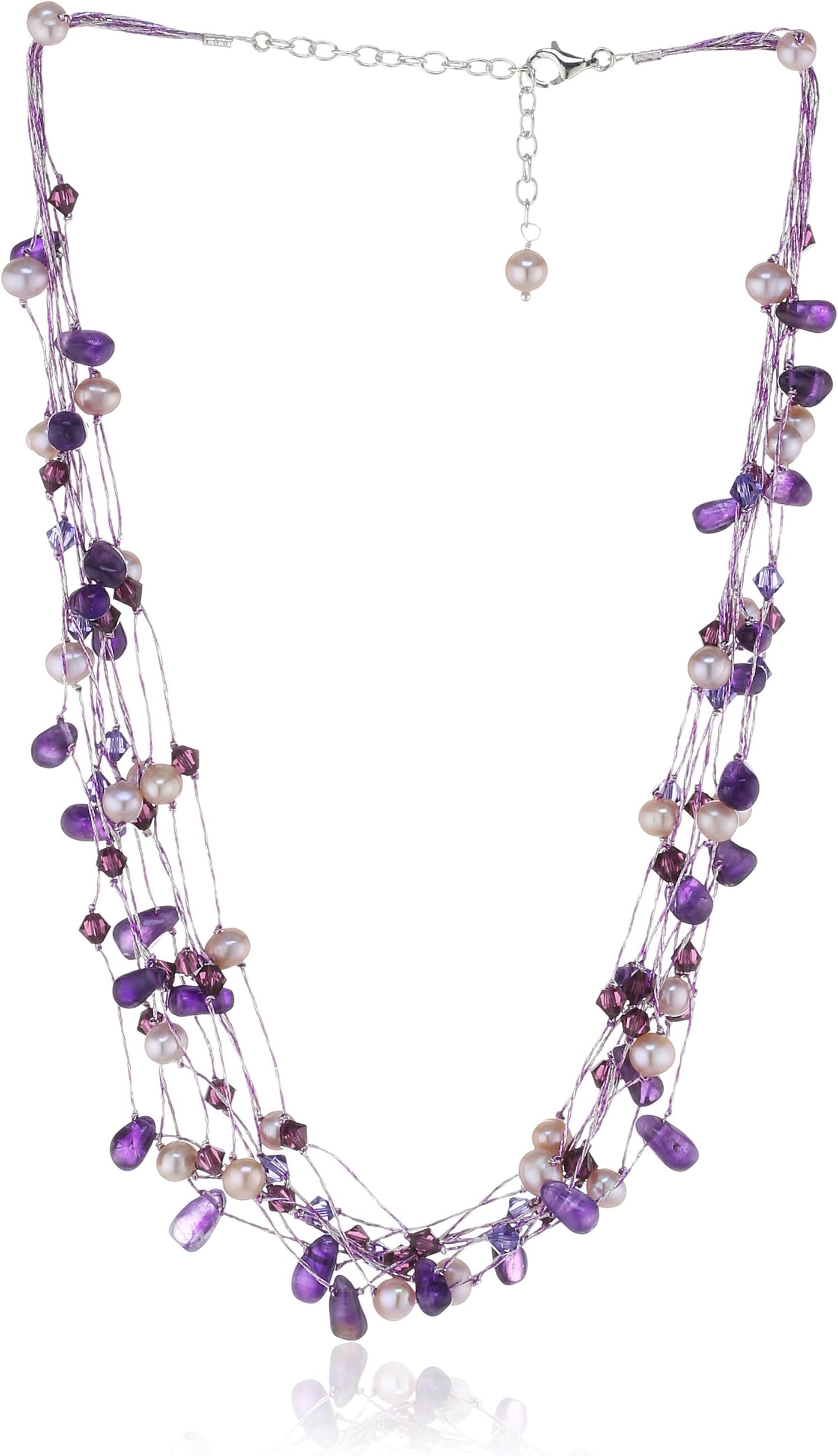 Dew Women's Sterling Silver and Multi-Strand with Freshwater Pearls and Swarovski Crystal Beads Necklace of Length 18 inch