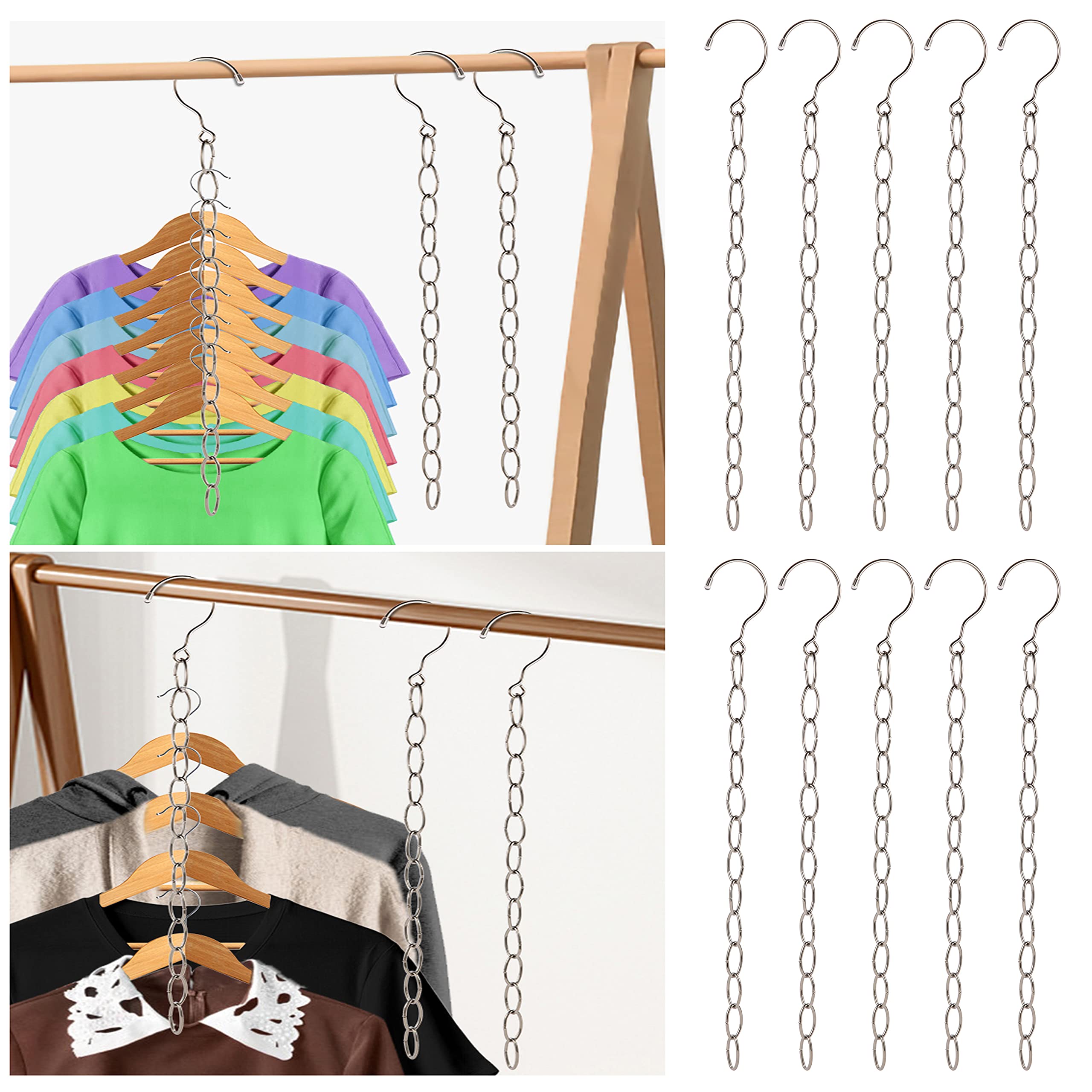DFQHSCTE 10 Pack Wardrobe Space Saving Hangers, Metal Wardrobe Organizer, Smart Space Storage Hanger Chains, Magic Multi Hangers For Clothes, Hanging Storage, Bedroom Storage Ideas