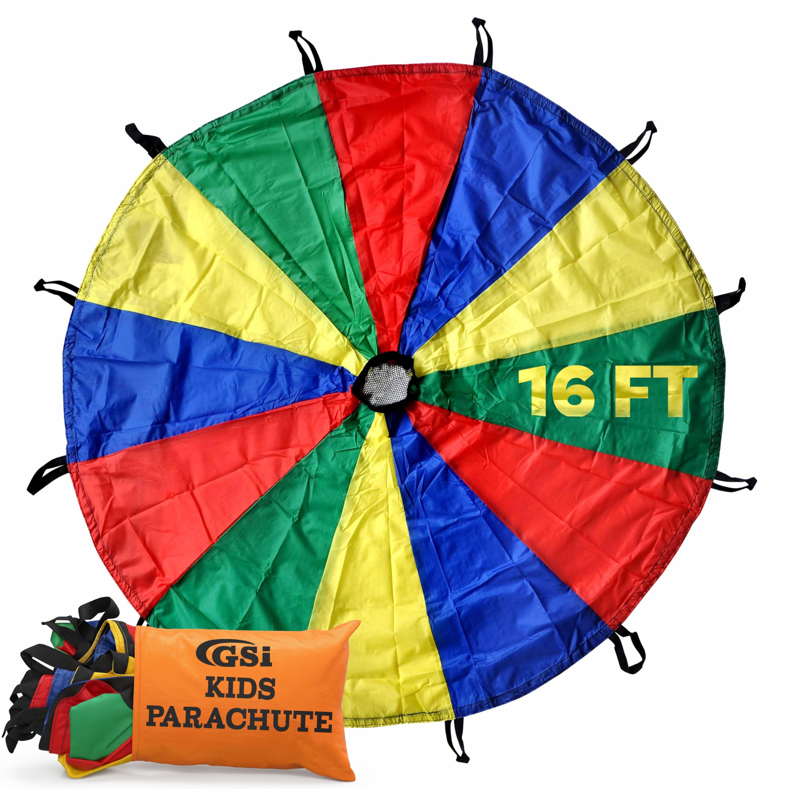 GSi Kids Play Parachute Rainbow Parachute Toy Tent Game for Children Gymnastics Cooperative Play and Outdoor Playground Activities (16 Feet)
