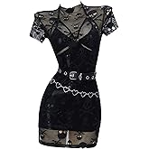 MEOWCOS Women's Cocktail Dress Set Gothic Punk Halter Backless Dress and Lace Mesh Dress with Belt Waist Chain