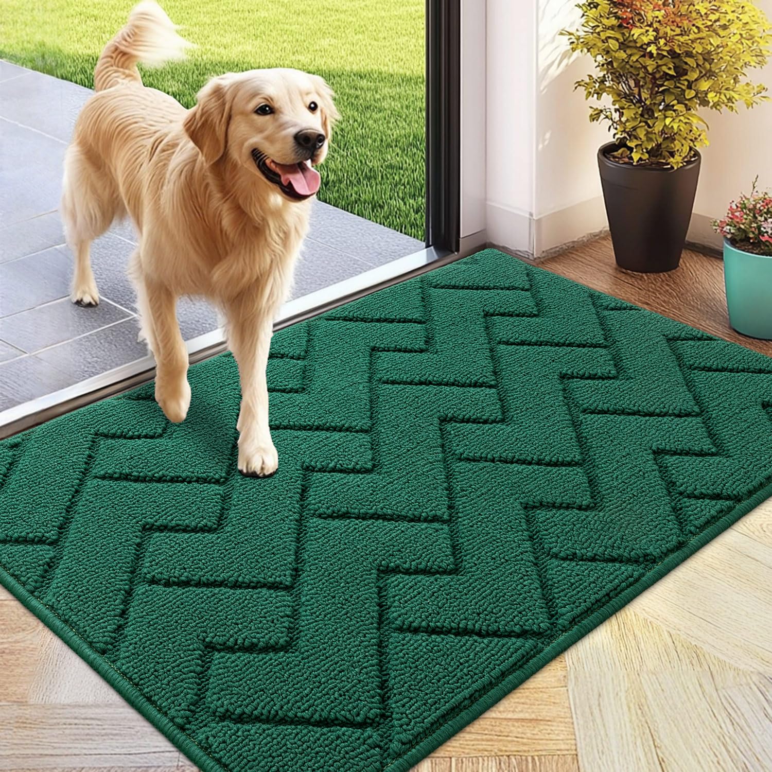 Photo 1 of hicorfe Front Door Mat Outside Entrance,24"x35" Absorbent Muddy Dirt Resist Welcome Door Mats Outdoor Indoor,Stain and Fade Resistant,Non Slip Backing Entry Mat Doormat for Entryway (Evergreen)
