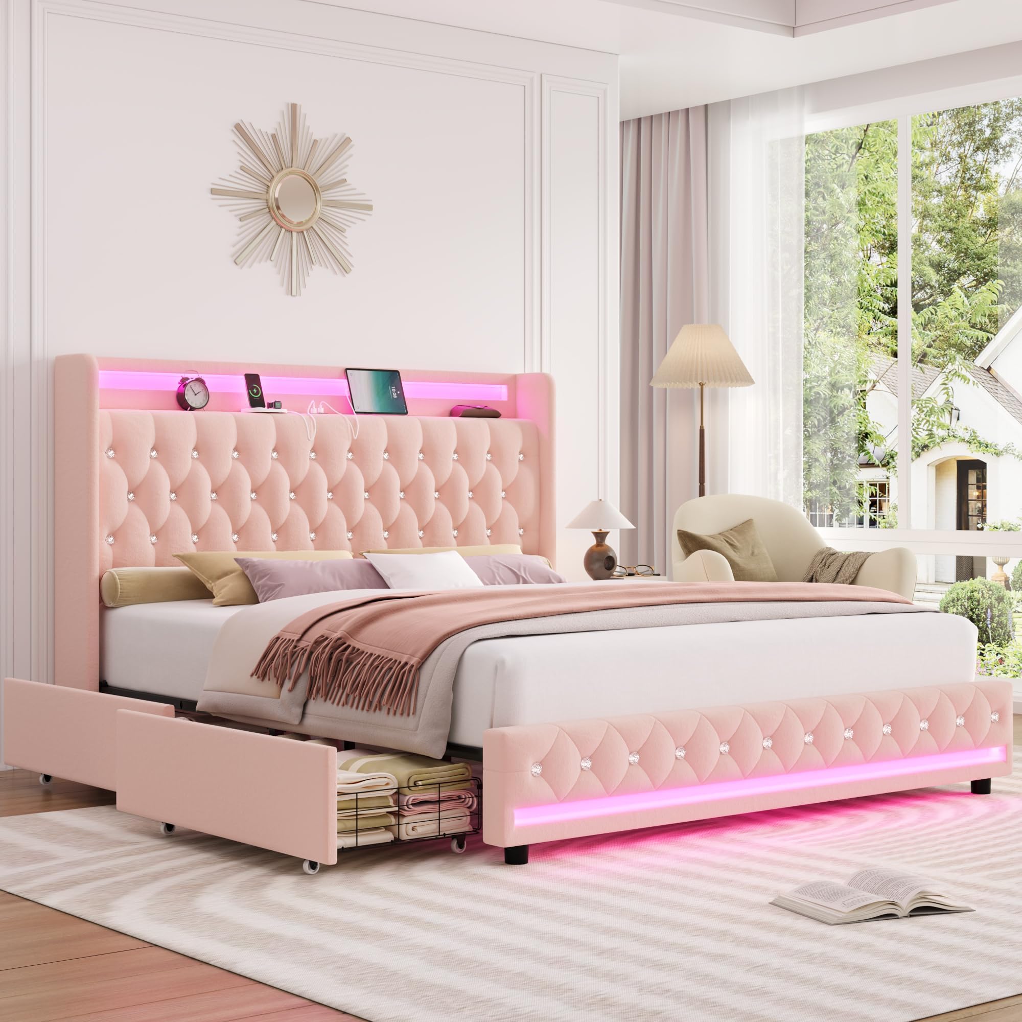 Photo 1 of ****************Missing parts**************
HIFIT Upholstered Full Size LED Bed Frame with Charging Station & 4 Storage Drawers, Velvet Crystal Button-Tufted Wingback Headboard, Princess Platform Bed Frames for Girls, No Box Spring Needed, Pink