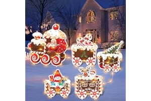 Korlon Tec Christmas Yard Signs with LED Lights, 5Pcs Christmas Decorations Outdoor Snowman Santa Train Set Lawn Christmas Yard Stakes for Xmas Holiday Garden Decor