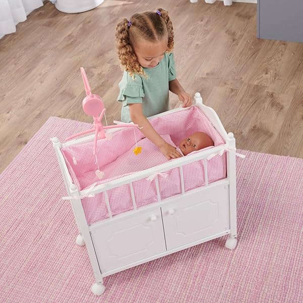 BADGER BASKET WOODEN TOY DOLL BED WITH STORAGE, MOBILE, AND BEDDING TO PRETEND AND PLAY – INCLUDES WHEELS AND FREE PERSONALIZATION KIT – WHITE WITH PINK GINGHAM FABRIC