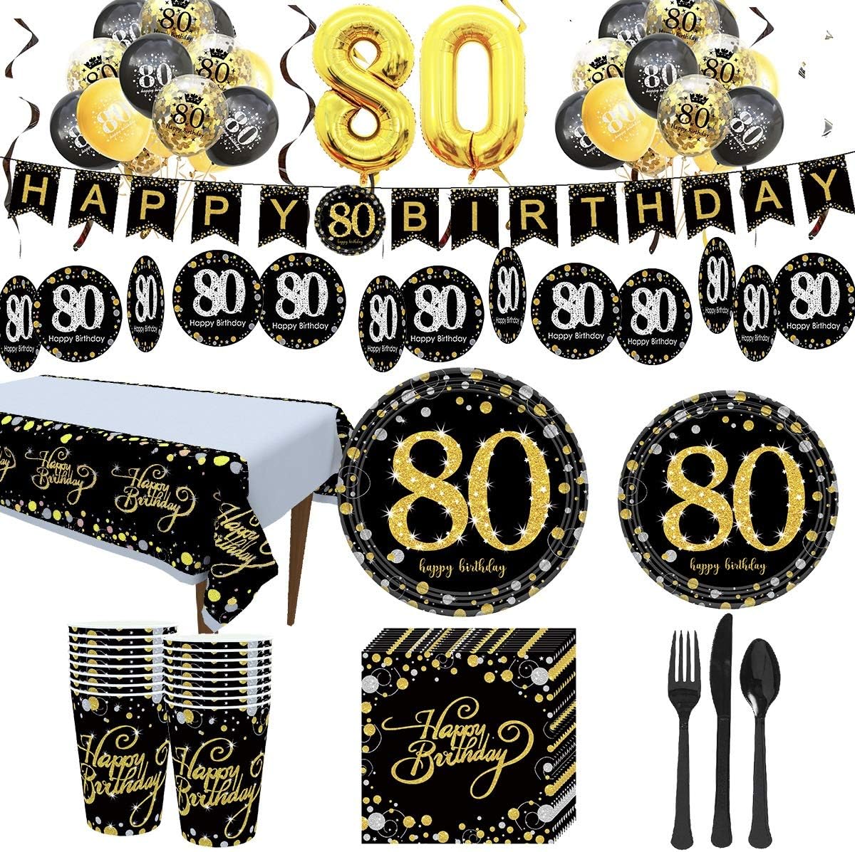 Trgowaul 80th Birthday Party Supplies - Black and Gold Disposable Paper Plates, Napkins, Cups, Tablecover Forks, Knives and Spoons for 24 Guests and Party Supplies Number Balloon Decorations Banner