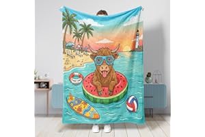 Summer Beach Highland Cow Throw Blanket 50x60 Inch, Tropical Coastal Beachy Swim Ring Big Small Fuzzy Blanket for Couch Livin
