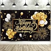 Blulu Happy Birthday Banner Sign Poster Large Fabric Glitter Balloon Fireworks Sign Photo Backdrop Background for Birthday Decoration Supplies, 72.8 x 43.3in (Black and Gold)