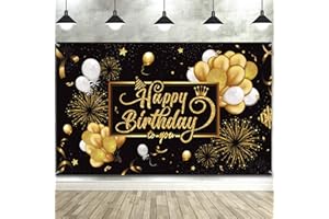 Blulu Happy Birthday Banner Sign Poster Large Fabric Glitter Balloon Fireworks Sign Photo Backdrop Background for Birthday Decoration Supplies, 72.8 x 43.3in (Black and Gold)