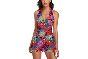 Omichic Womens Halter Tankini Swimsuits Two Piece Tummy Control Bathing Suits V Neck Swimdress with Boyshorts Swimwear