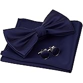 GUSLESON Mens Solid Color Double Fold Pre-tied Bow Tie and Pocket Square Cufflink Set with Gift Box