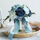 ponatia Dusty Blue Wedding Bouquets for Bride Bridesmaid, White Wedding Artificial Roses Flowers for Wedding Bouquets Ceremony, Anniversary (Dusty Blue & White)