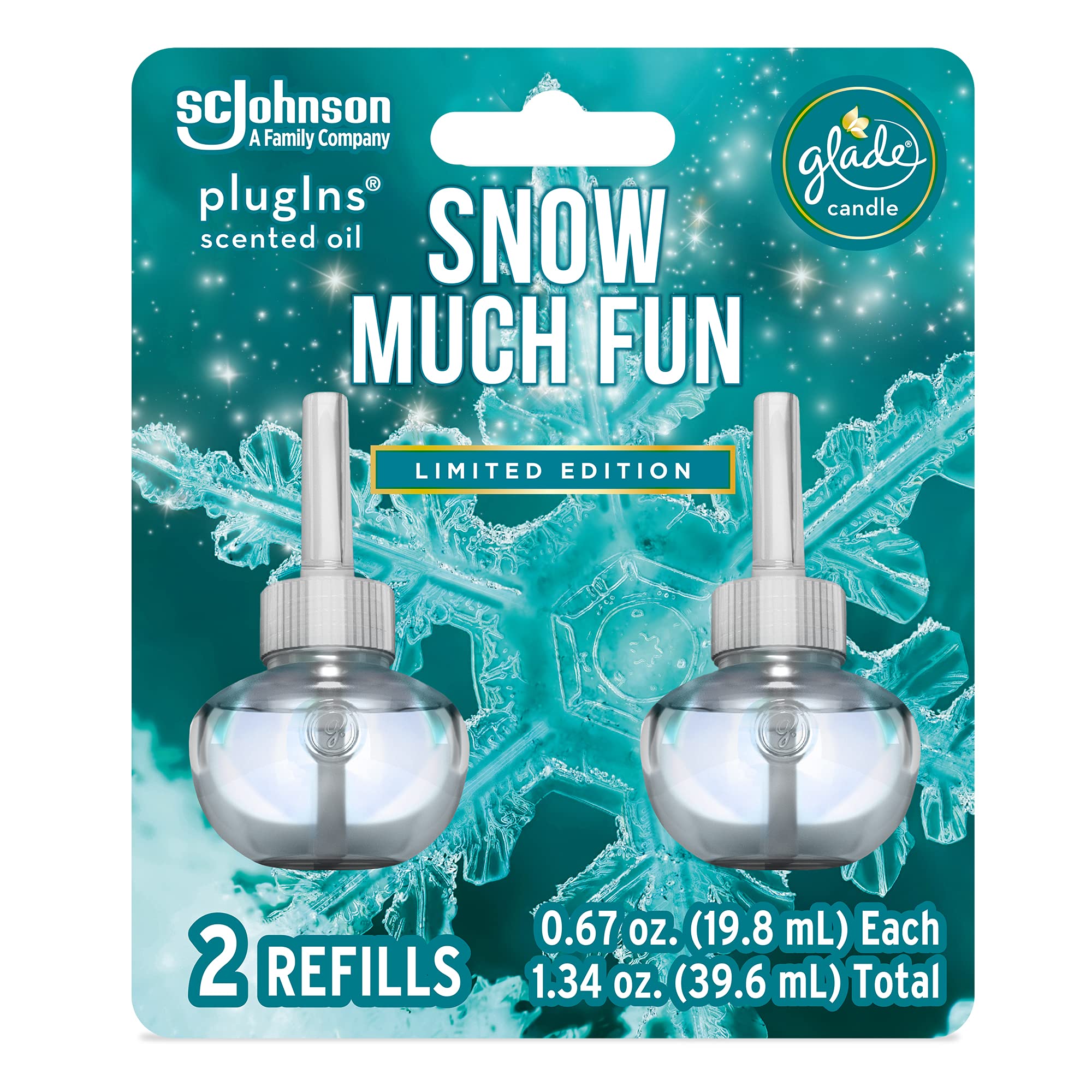 Glade PlugIns Refills Air Freshener Starter Kit, Scented and Essential Oils for Home and Bathroom, Snow Much Fun, 0.67 Fl Oz, 1 Warmer + 1 Refill