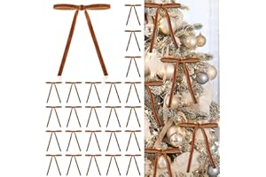 BABYCOP 24 Pcs Velvet Bows for Christmas Tree, Elegant Khaki Christmas Tree Bows, 5”x7” Pre-Tied Velvet Ornaments for Wreaths Garland Gifts Holiday Décor, Brown Velvet Ribbon Bows for Christmas Trees (3/8”)