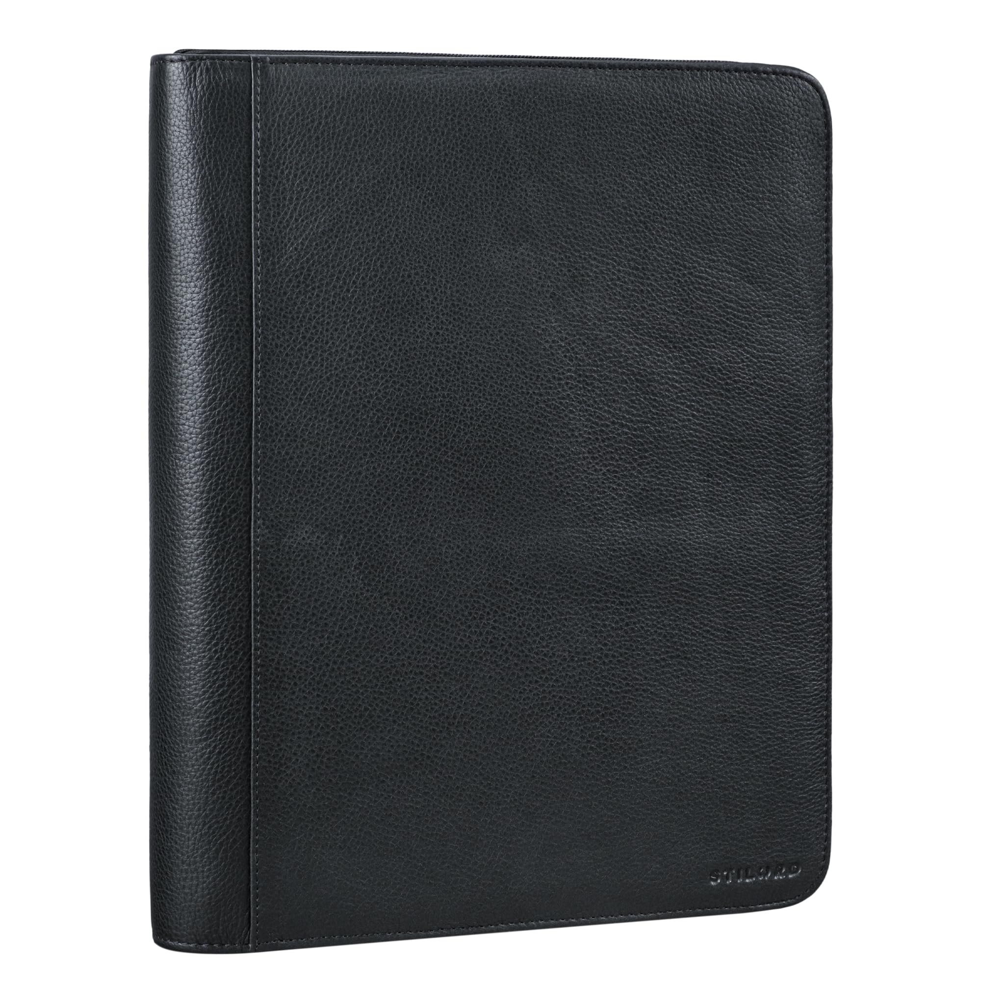 STILORD 'Tate' Vintage Leather Ring Binder A4 Folder Genuine Leather Document Holder Tablet 11 Inch Conference Folder Zip, Colour:Obsidian Black