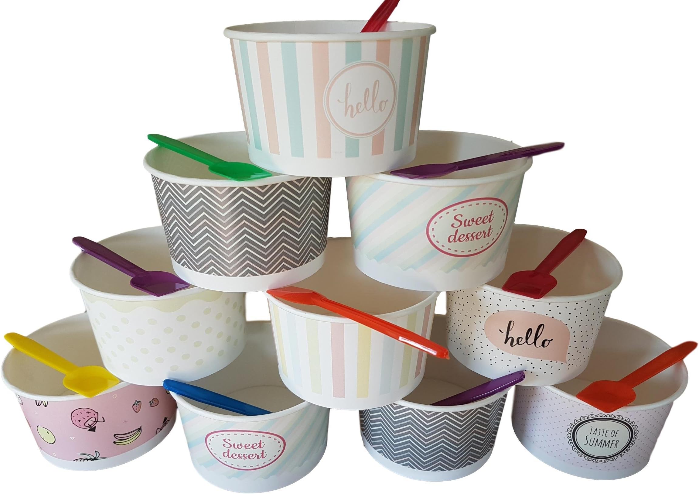 Kram (Pack of 50) CUP + SPOON ice cream 250 ml multi color bowl Containers Fast Food Disposable box Storage (50, 250ml / app. 8oz)