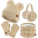 HONGTEYA Kids Winter Hat Gloves Scarf Set, Unisex Baby Kids Velvet Lined Neck Warmer With Earmuff for Boys Girls 3-15