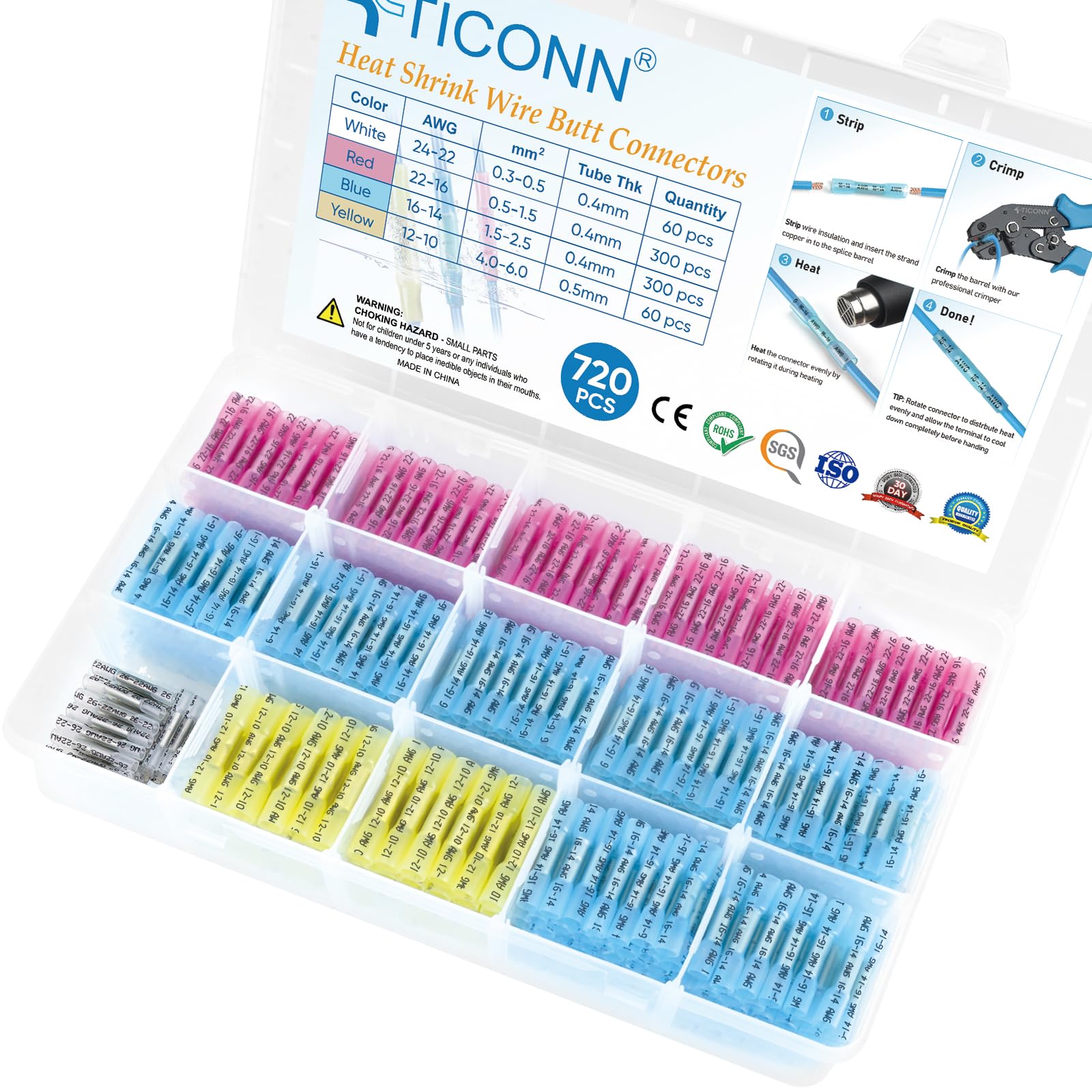 TICONN 720 PCS Heat Shrink Butt Connectors Kit, AWG 24 – 10 4 Sizes Butt Splice, Insulated Waterproof Electrical Marine Automotive Wire Crimp Terminals (720pcs) Image