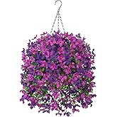INXUGAO Artificial Hanging Flowers Plants with Basket for Outdoors, Realistic Faux Silk Daisy Flower Eucalyptus for Spring Decor, UV Resistant Fake Plants for Porch Patio Yard Balcony, Violet