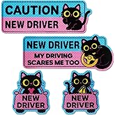 4PCS Black Cat New Driver Car Magnet, New Driver Magnet for Car, Cute Shivering Cat Reflective Reusable Student Driver Safety Sign for Car Bumper