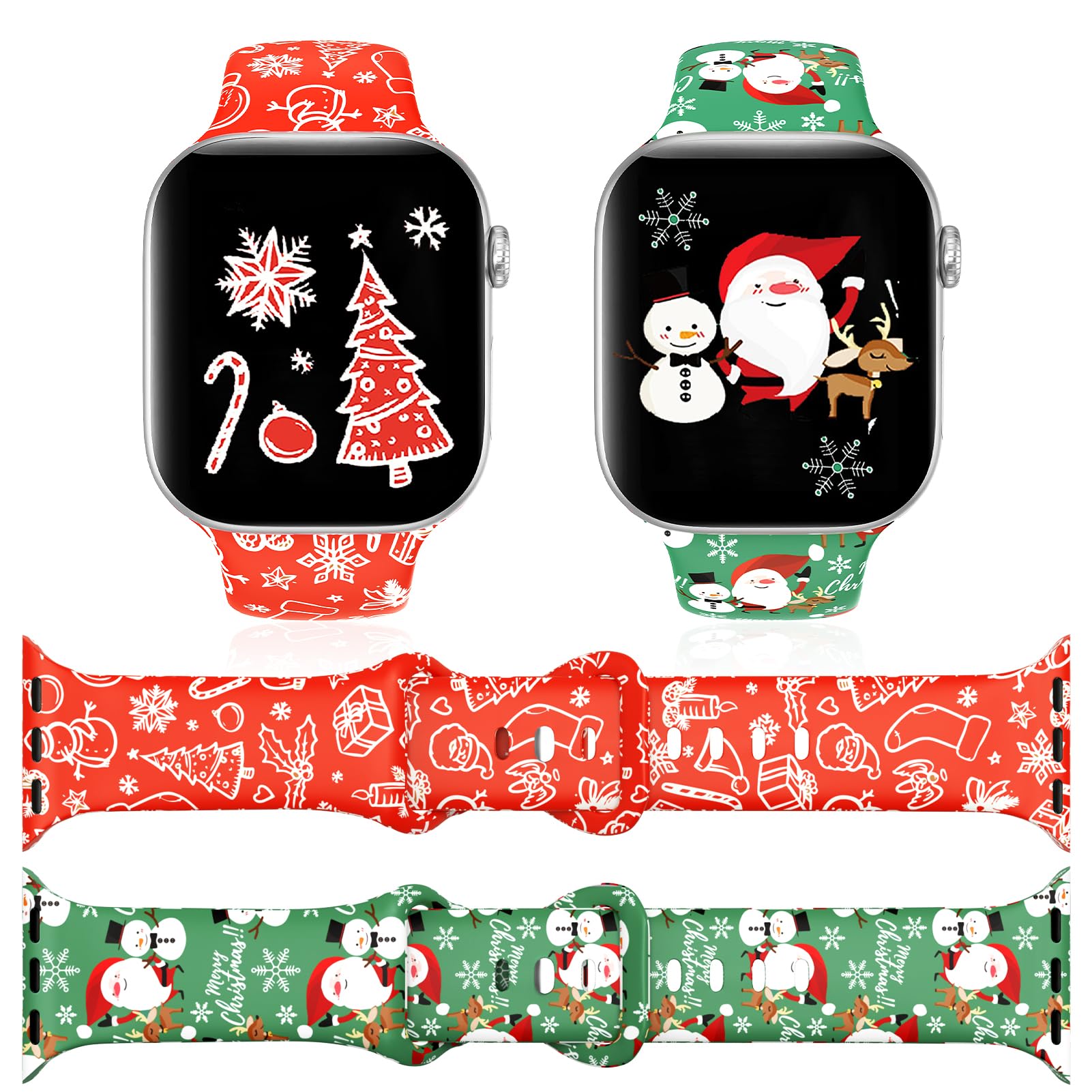 Photo 1 of 2 Pack Christmas Watch Band Compatible with Apple Watch Band 46mm 45mm 42mm 41mm 40mm 38mm Holiday Silicone Watch Strap for Apple Watch Series 10/9/8/7/6/5/4/3/2/1/SE, Cute Xmas Gift for Boys Girls