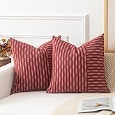 Kevin Textile Valentines Wine Red and Beige Patchwork Farmhouse Throw Pillow Covers 16 x 16 Inch, Pack of 2 Striped Linen Decorative Pillow Case for Sofa Couch Chair Bedroom Modern Decor