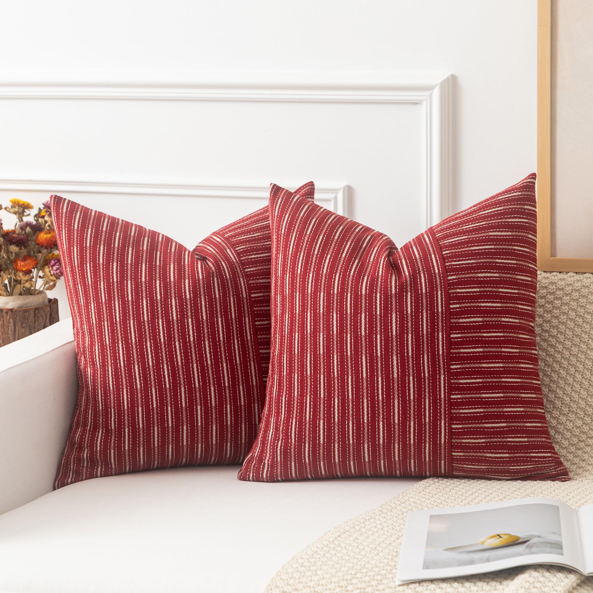 Photo 1 of Kevin Textile Wine Red and Beige Farmhouse Striped Patchwork Linen Christmas Decorative Throw Pillows Covers 20x20, Set of 2, Modern Accent Square Cushion Covers for Couch Chair Bedroom