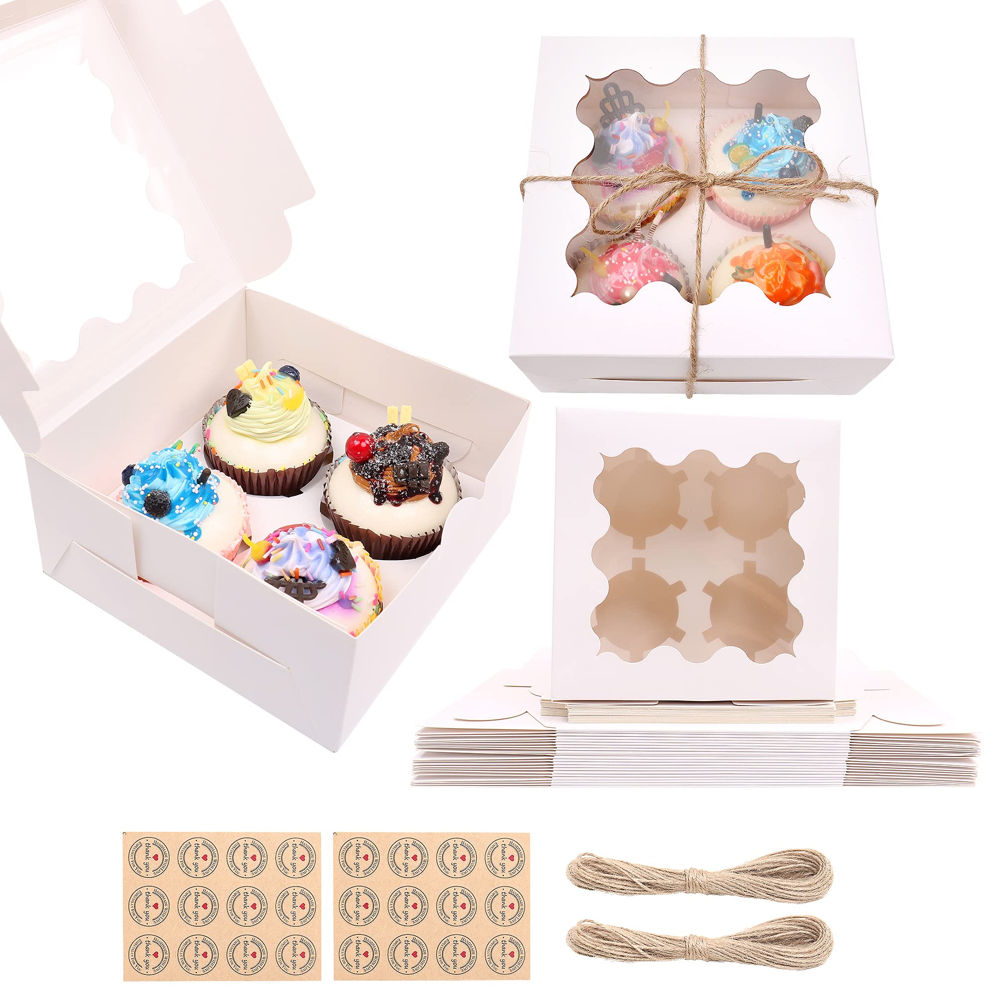 12PCS Cupcake Boxes 4 Hole, White Cupcake Boxes with Clear windows and Inserts - Includes Stickers and Twine String, Kraft Bakery Cookie Carrier Boxes for Muffins Pastries - 15.7x15.7x7.5cm