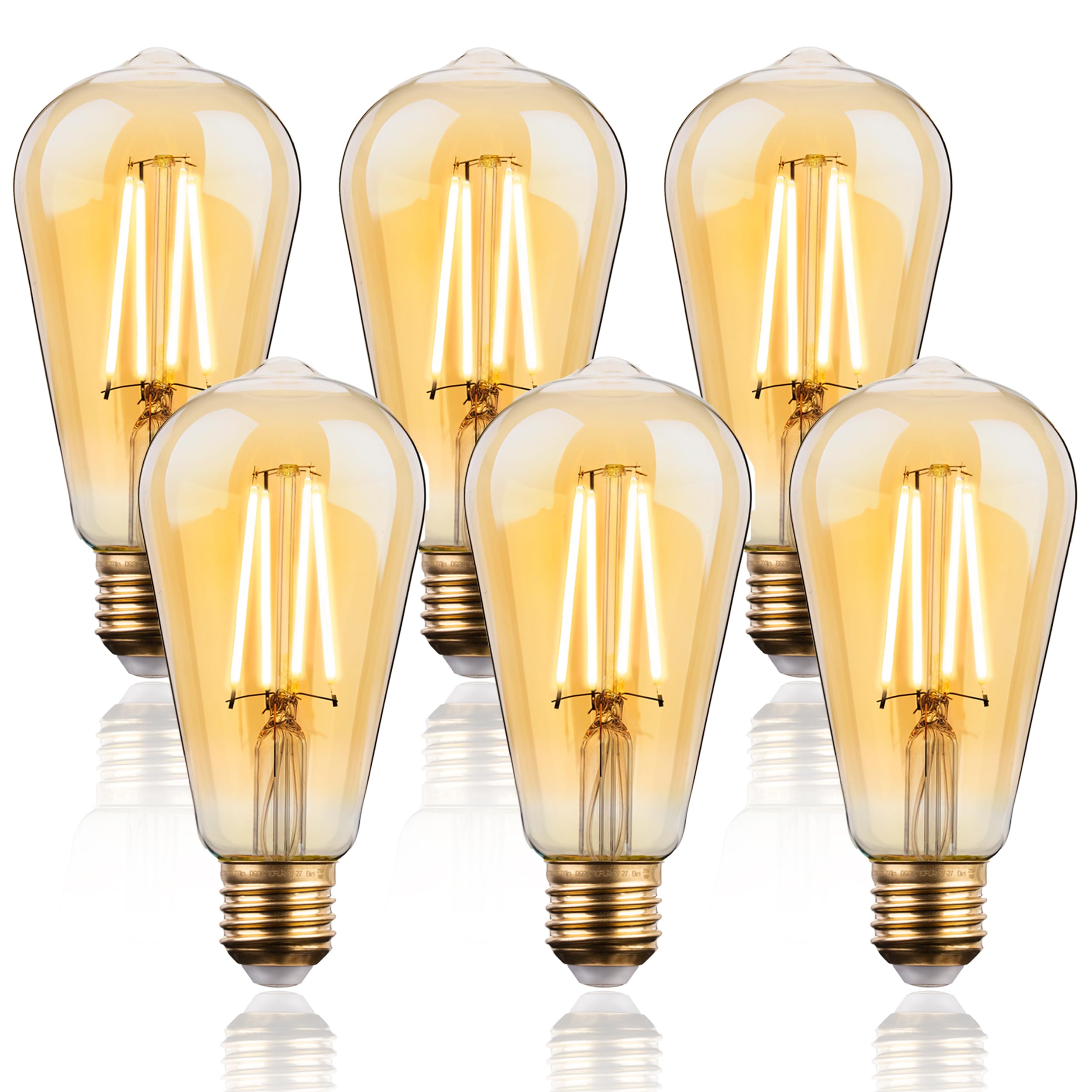 FLSNT LED Edison Bulb E27 Vintage Light Bulbs,Dimmable 7W Filament Screw Bulb,Retro Lamp,ST64,60W Equivalent,Warm White 2700K,6 Pack