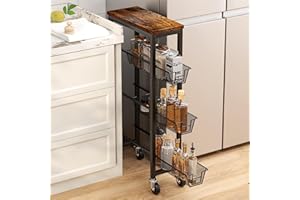 HONEST OUTFITTERS Honest Slim Storage Cart 4-Tier Slim Rolling Cart with Metal Frame and Wooden Top, 6.3 Inches, Storage Cart for Kitchen, Dining Room, Living Room, Bathroom, Home Office, Rustic Brown and Black