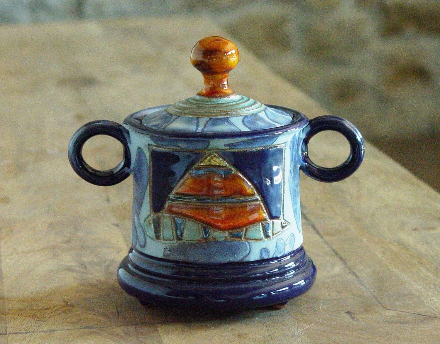 Handmade Pottery Sugar Bowl with Lid, Blue and Orange