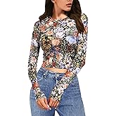 BemorRun Mesh Top Women See Through Tops (Floral Crop Top Long Sleeve Mesh Shirt Going Out Outfits)
