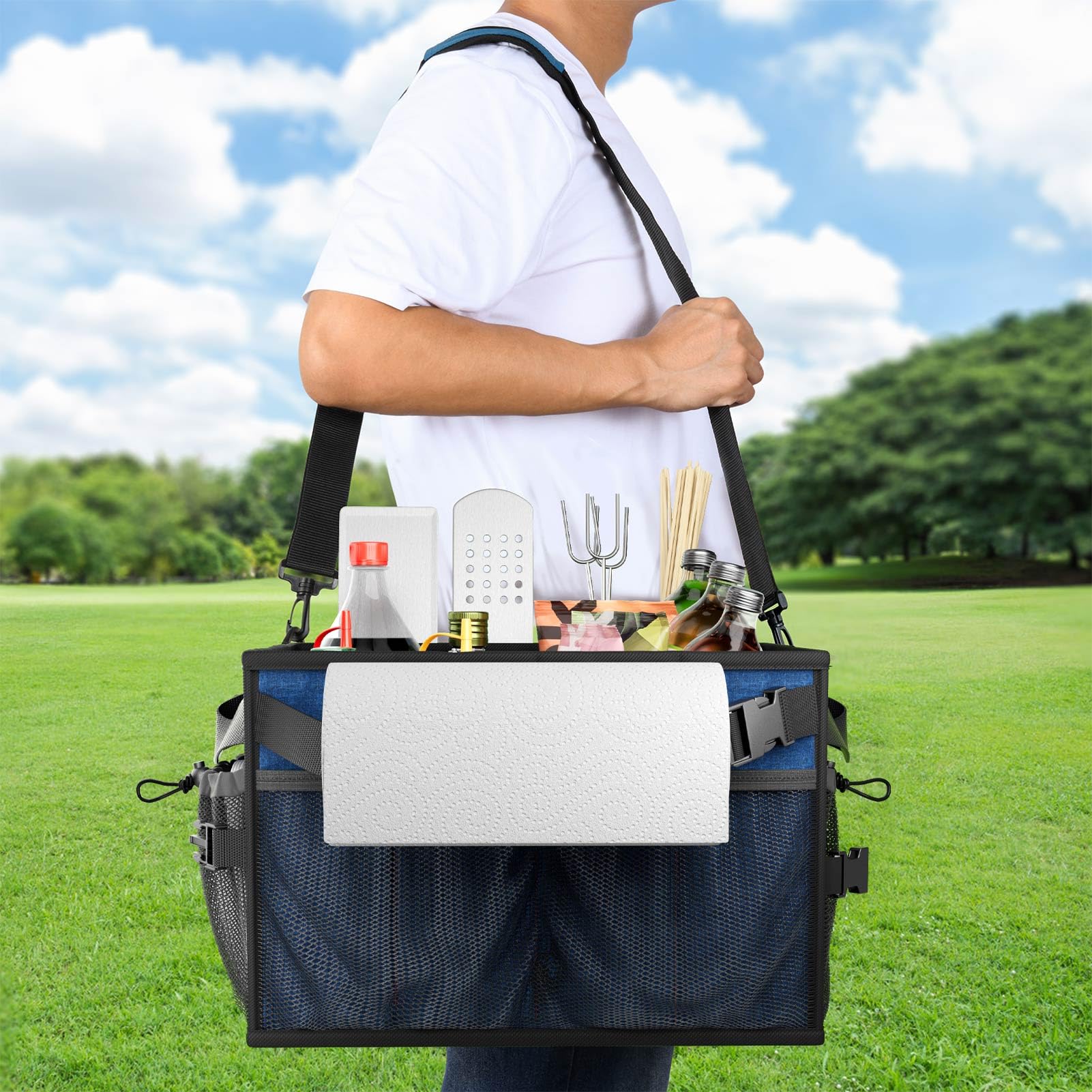 FANGSUN Large Grill and Picnic Caddy with Paper Towel Holder, BBQ Organizer for Utensil, Plate, Condiment, Collapsible & Easy Carry Griddle Caddy, Must Haves for Outdoor, Camper, Travel, Car, RV