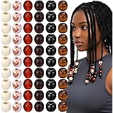 Matwsec 60 Pcs Wooden Hair Beads for Braids, Vintage Hair Jewelry for Braids Dreadlock Accessories, Round Hair Cuffs Loc Jewelry for Men Women Necklace Bracelet Hair DIY Craft Handmade Decor